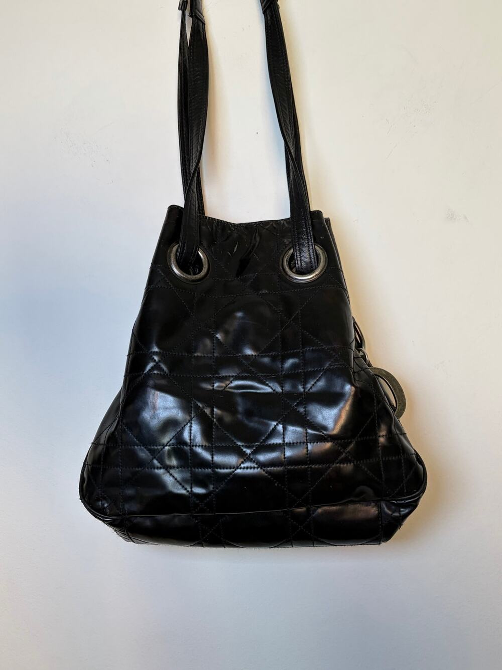 Christian Dior Vintage Cannage Quilted Black Leather Bucket Bag  Y2K